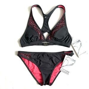 Oakley O-Laser Cut Triangle Brazilian 2 Piece Top Bottom Bikini Set Gray Small